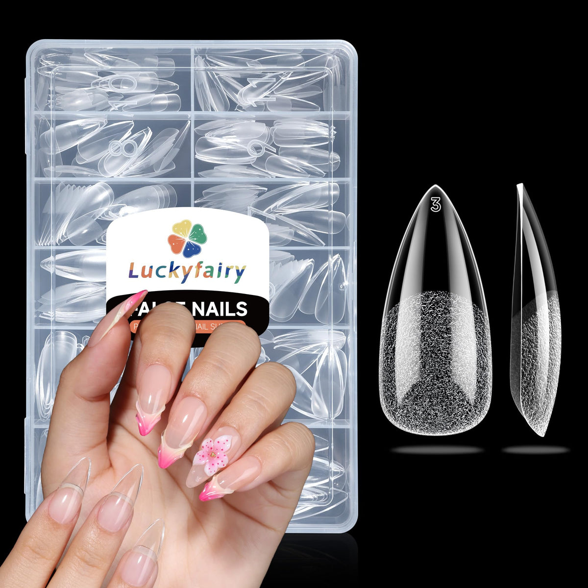 luckyfairy front packaging showing 240 clear stiletto tips and tidy storage