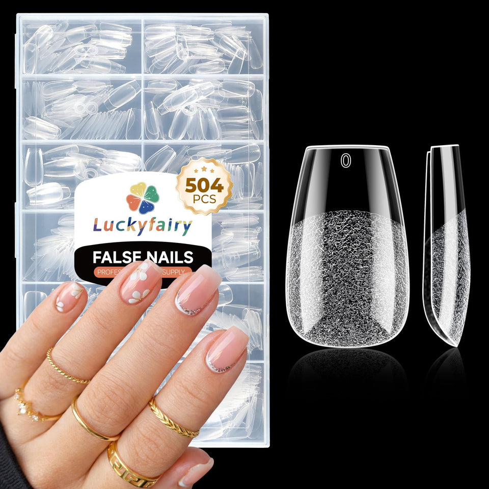 Luckyfairy front packaging showing clear coffin gel tips and quantity benefit