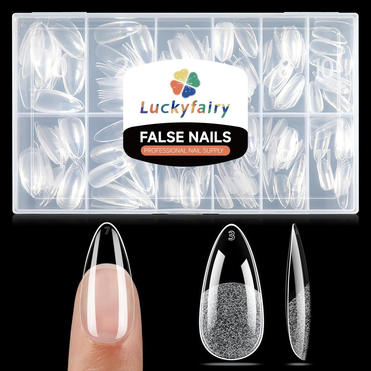 luckyfairy front packaging showing 240 medium almond tips and quick setup benefit