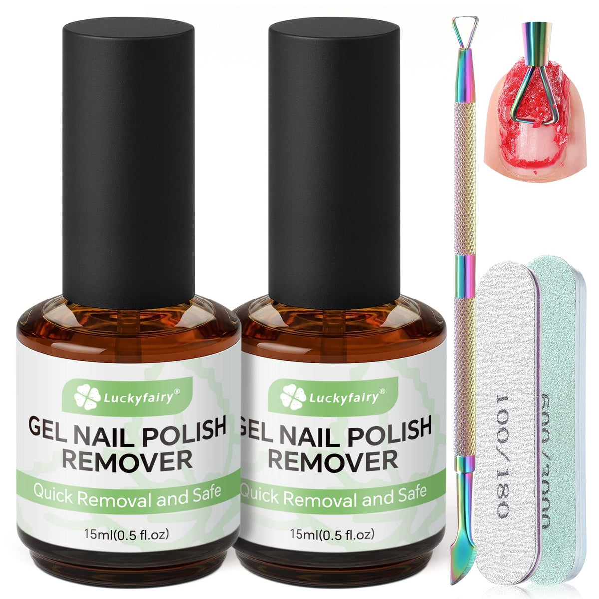 Luckyfairy front packaging showing two bottles and included tools for convenience