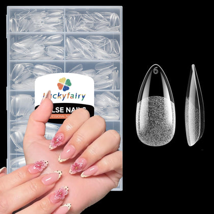 Luckyfairy front packaging showing 240-piece almond tip set and benefits