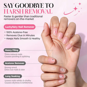Luckyfairy bottle on vanity with press-on nails showing at-home salon use