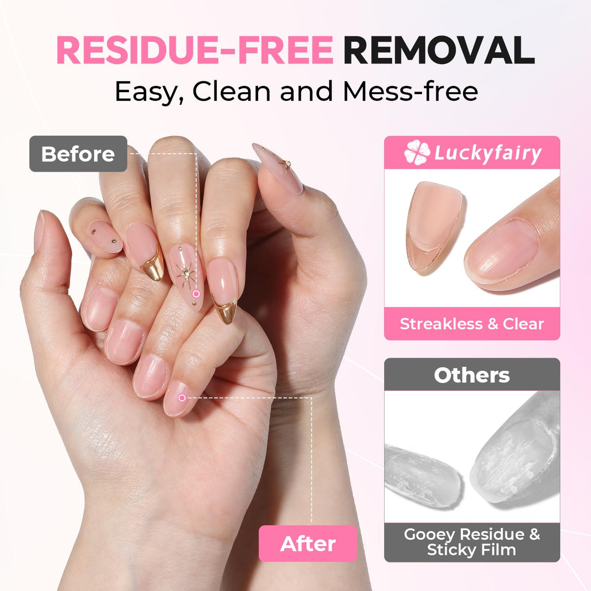 Luckyfairy size comparison on a hand to show 15g glue and 20ml remover capacity