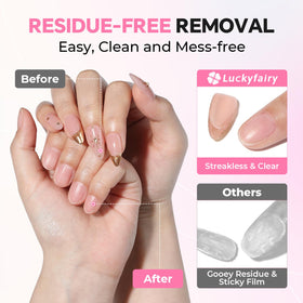 Luckyfairy size comparison on a hand to show 15g glue and 20ml remover capacity