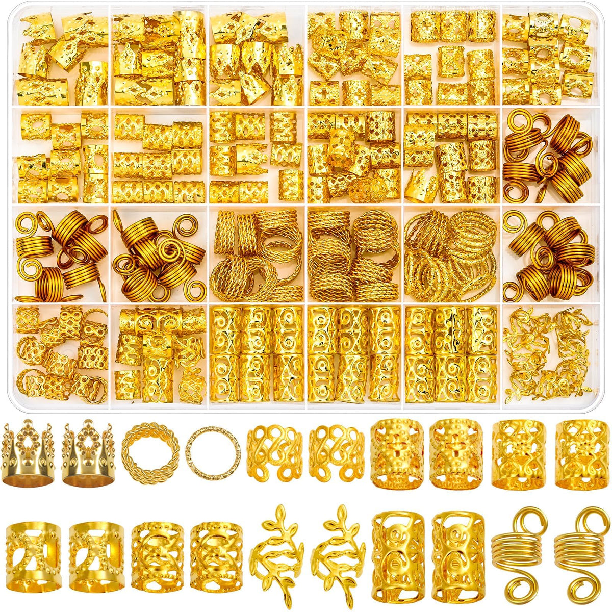 Lucomb clear organizer box showing 220 gold hair jewelry pieces, organized for convenience