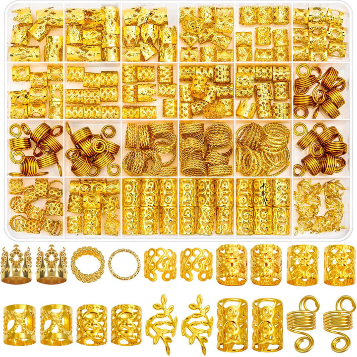 Lucomb clear organizer box showing 220 gold hair jewelry pieces, organized for convenience