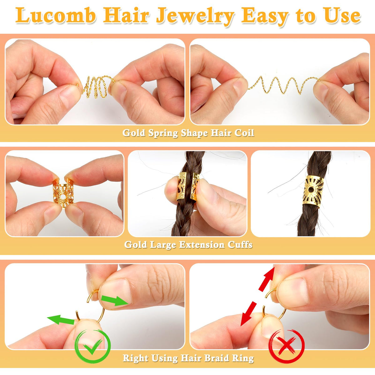 Lucomb coils and rings clipped on braids demonstrating secure hold benefit