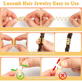 Lucomb coils and rings clipped on braids demonstrating secure hold benefit