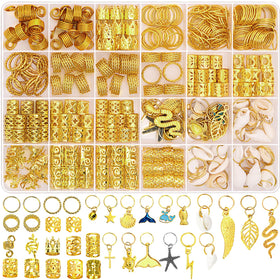 Lucomb front packaging showing full 314-piece gold hair jewelry set benefits versatility