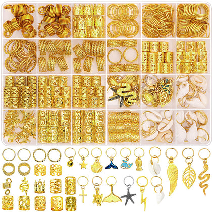 Lucomb front packaging showing full 314-piece gold hair jewelry set benefits versatility