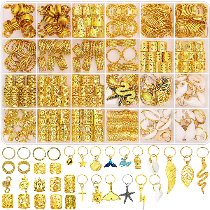 Lucomb front packaging showing full 314-piece gold hair jewelry set benefits versatility