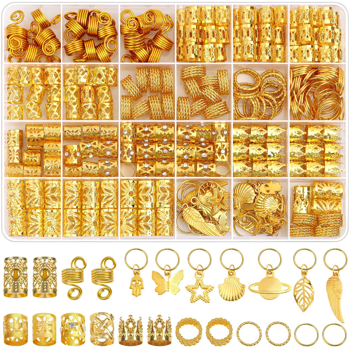 Lucomb front packaging showing 280-piece hair jewelry set and variety benefits