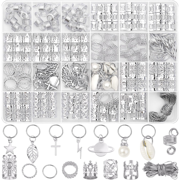 Lucomb front packaging showing 259-piece silver hair jewelry set, convenient organization