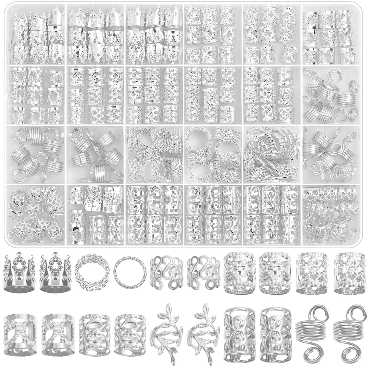 Lucomb front packaging showing full 220-piece silver set and storage box, clear view and organization benefit