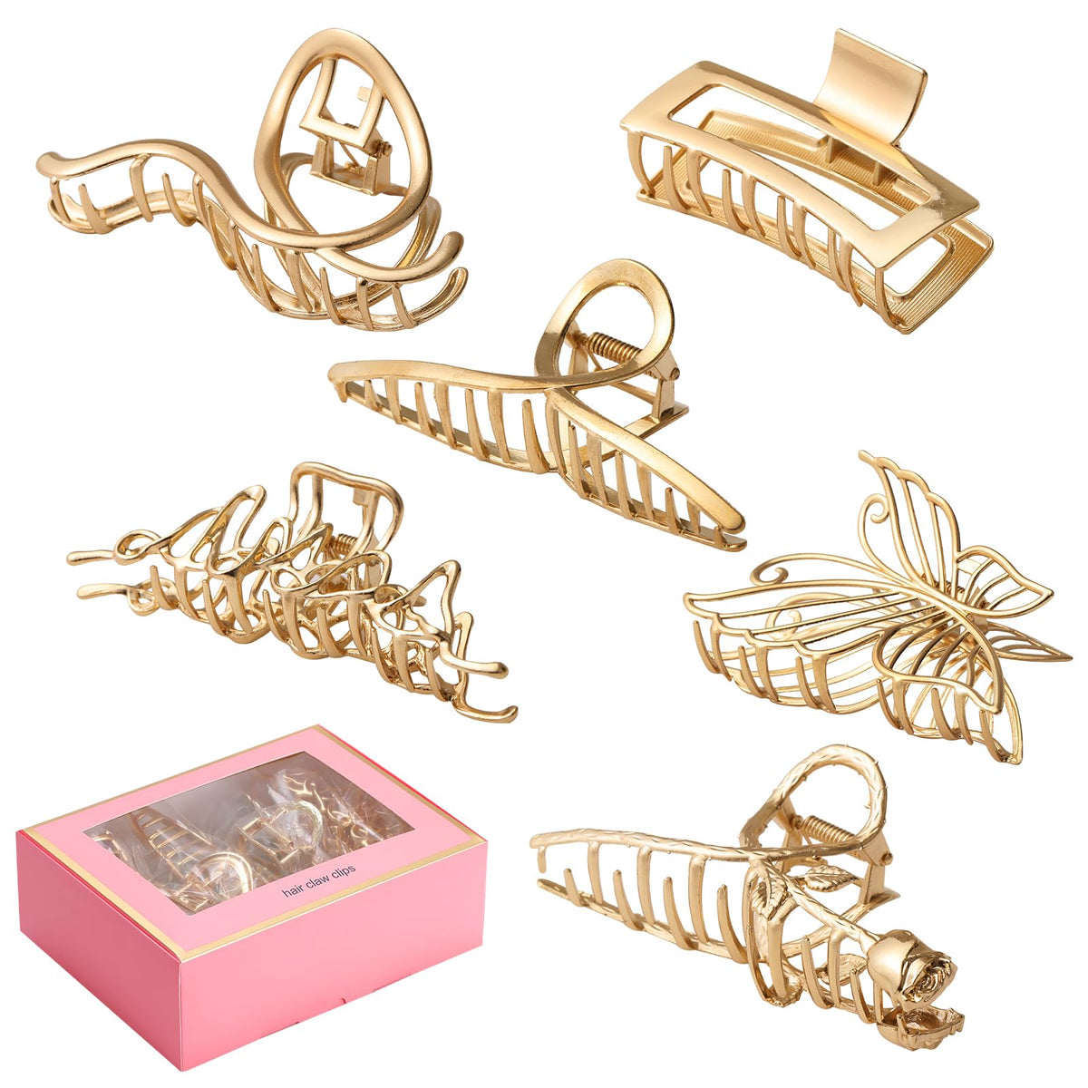 LUKACY front view packaging showing six gold hair claw clips and gift box, stylish convenience