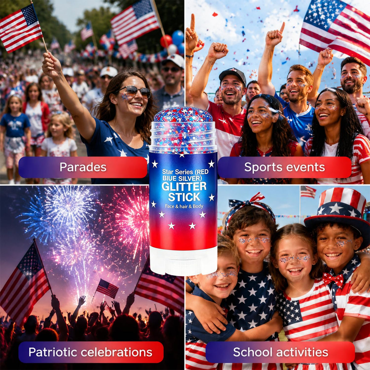 Lulesi glitter on cheek painted flag stripe for instant patriotic impact