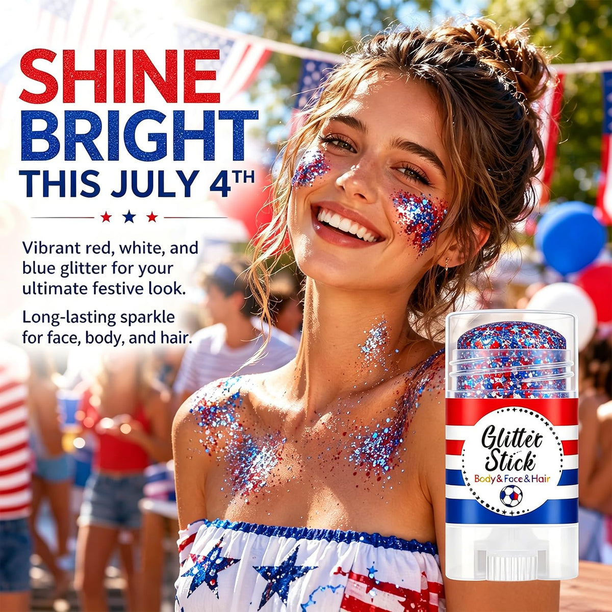 Lulesi glitter stick highlighting collarbones in outdoor celebration outfit for photos