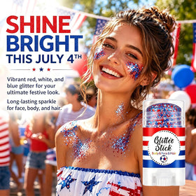 Lulesi glitter stick highlighting collarbones in outdoor celebration outfit for photos