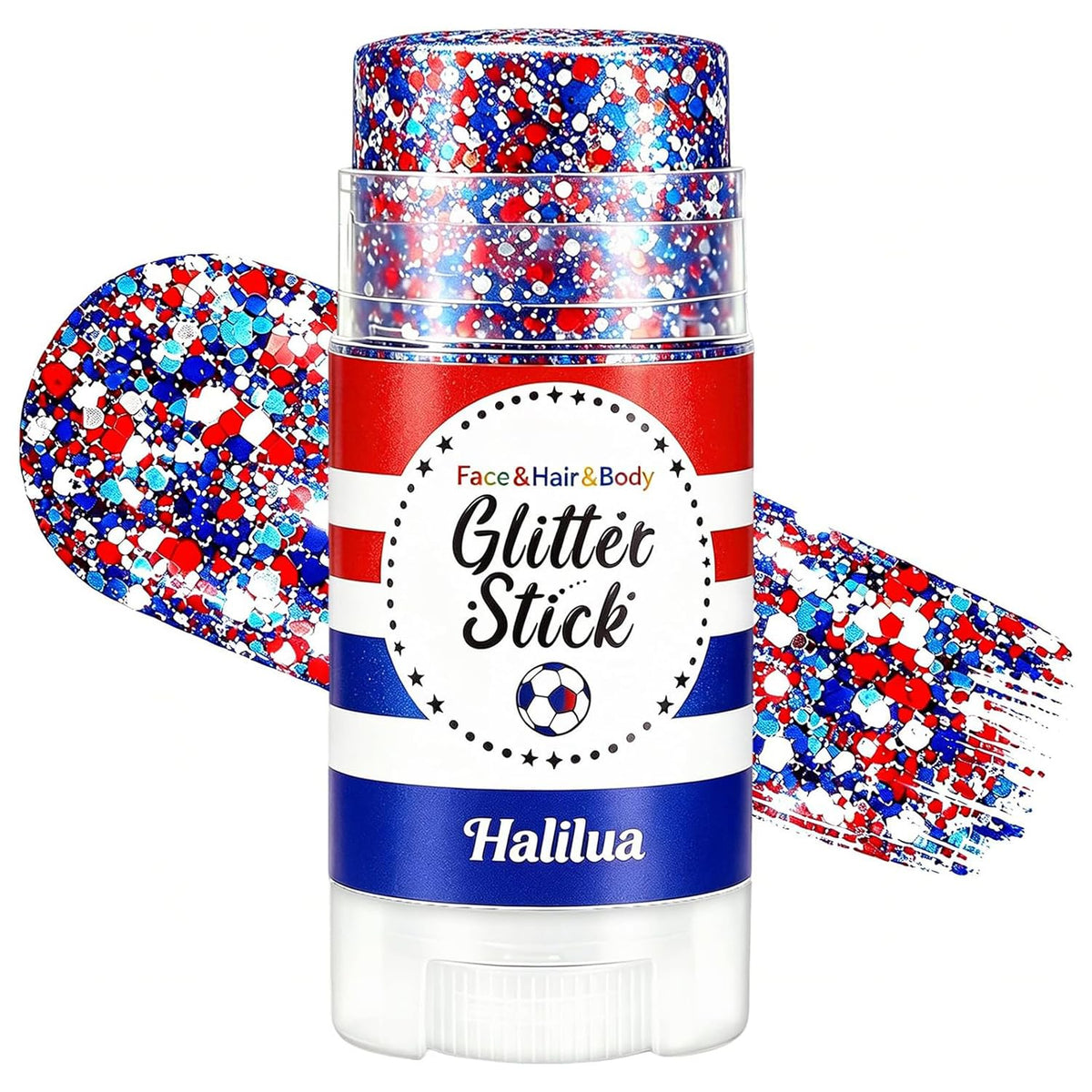 Lulesi glitter stick front packaging showing red white and blue design and applicator