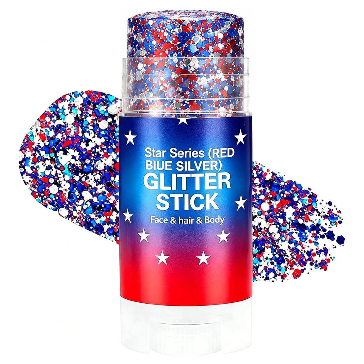 Lulesi glitter stick front view showing patriotic packaging and easy grip