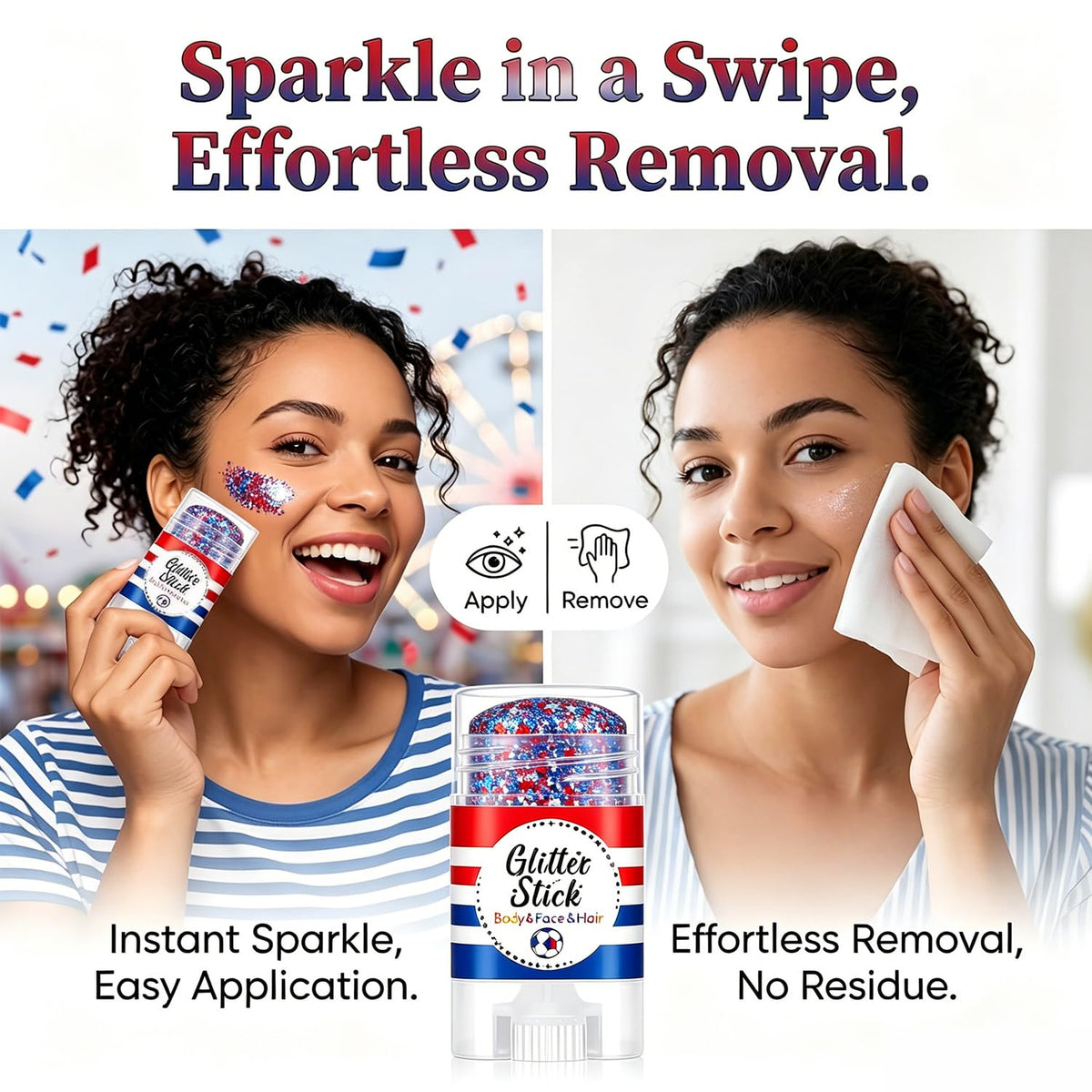 Lulesi glitter stick applied as patriotic cheek stripe for bold event-ready sparkle