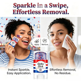 Lulesi glitter stick applied as patriotic cheek stripe for bold event-ready sparkle