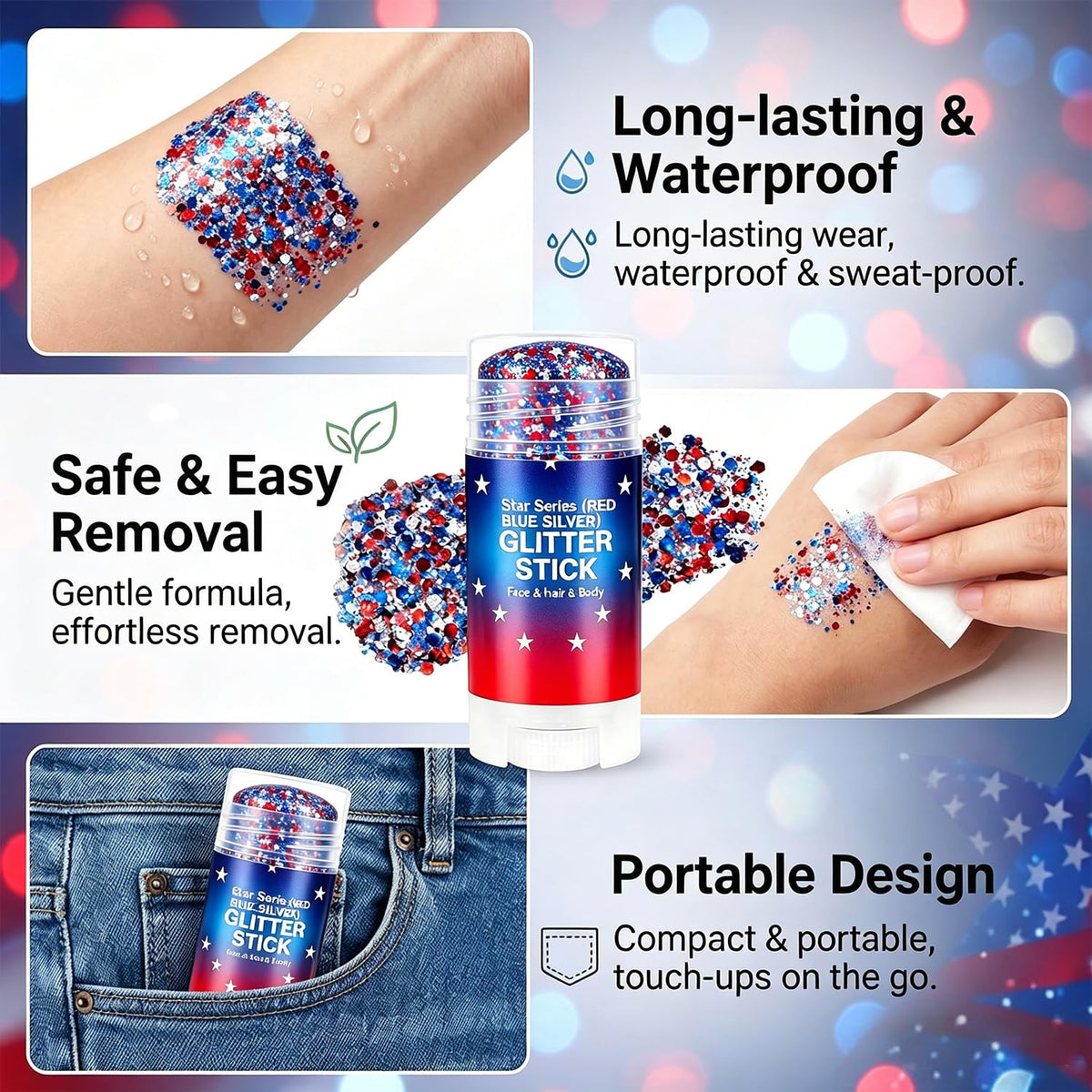 Lulesi glitter worn at fireworks display creating standout patriotic shine