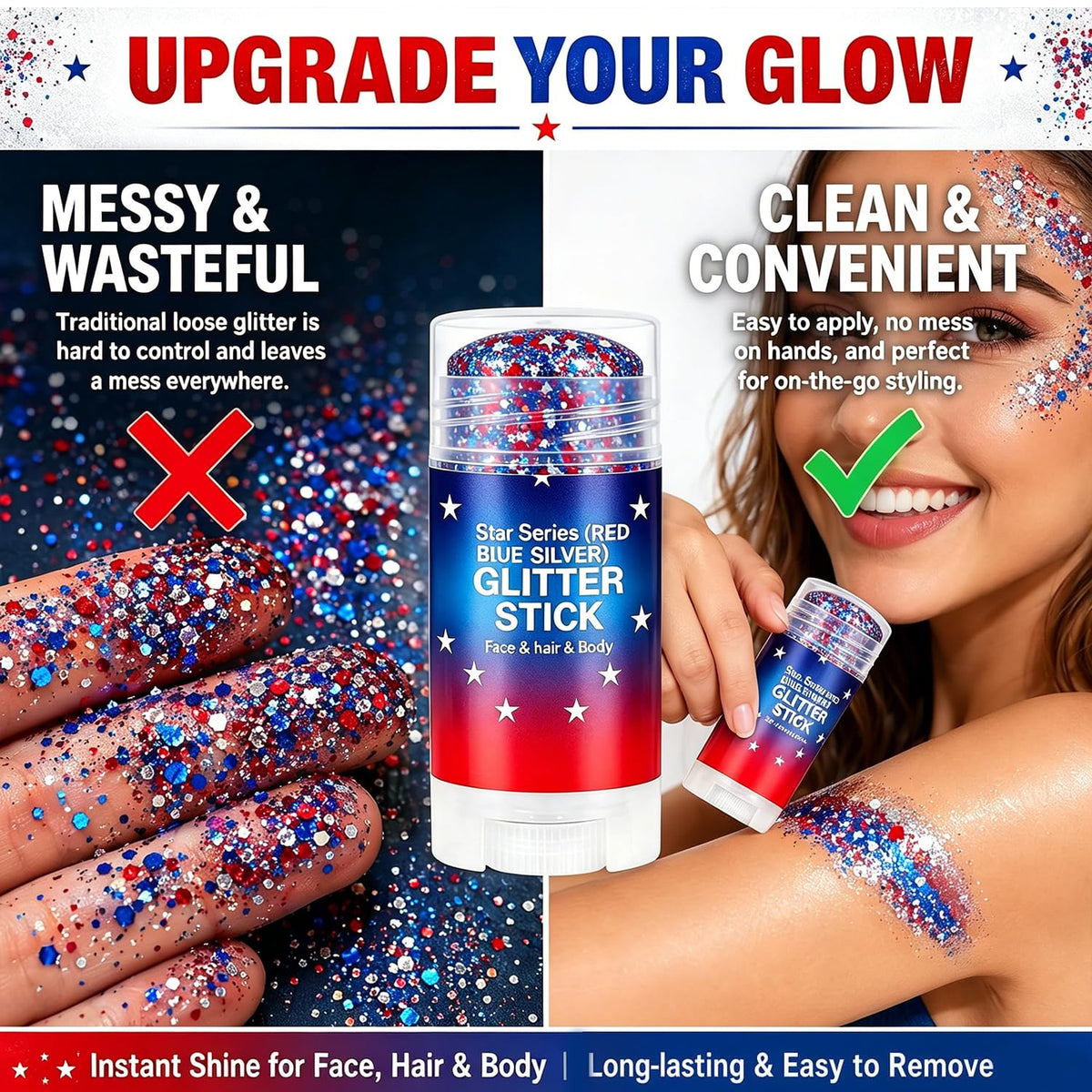 Lulesi glitter on shoulder and décolletage adding festival-ready highlights