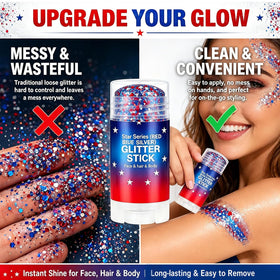 Lulesi glitter on shoulder and décolletage adding festival-ready highlights