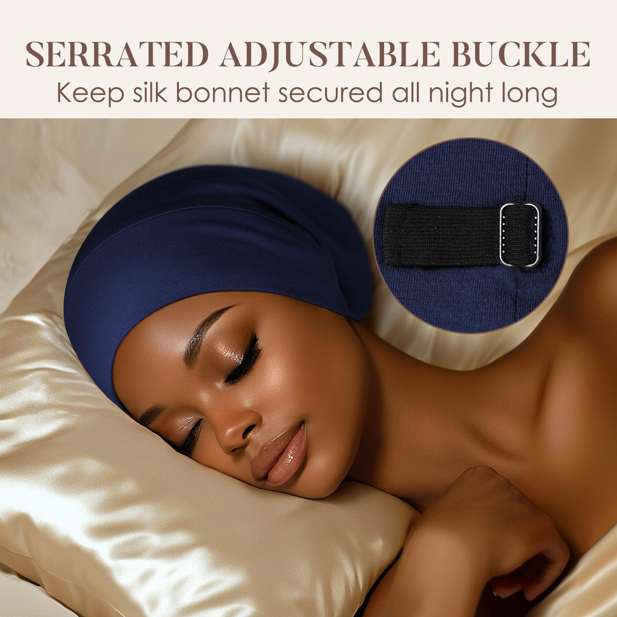 LULUSILK cap worn in bed, comfortable sleep support keeps hair intact