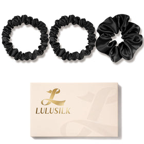 LULUSILK black scrunchies front pack showing sleek mulberry silk and neat folds