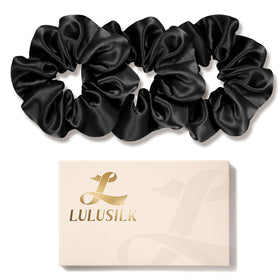LULUSILK front view of three black silk scrunchies, luxurious gentle hold