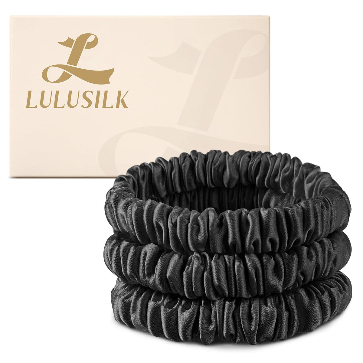 LULUSILK front packaging pack of three black silk hair ties showing neat gift box and contents