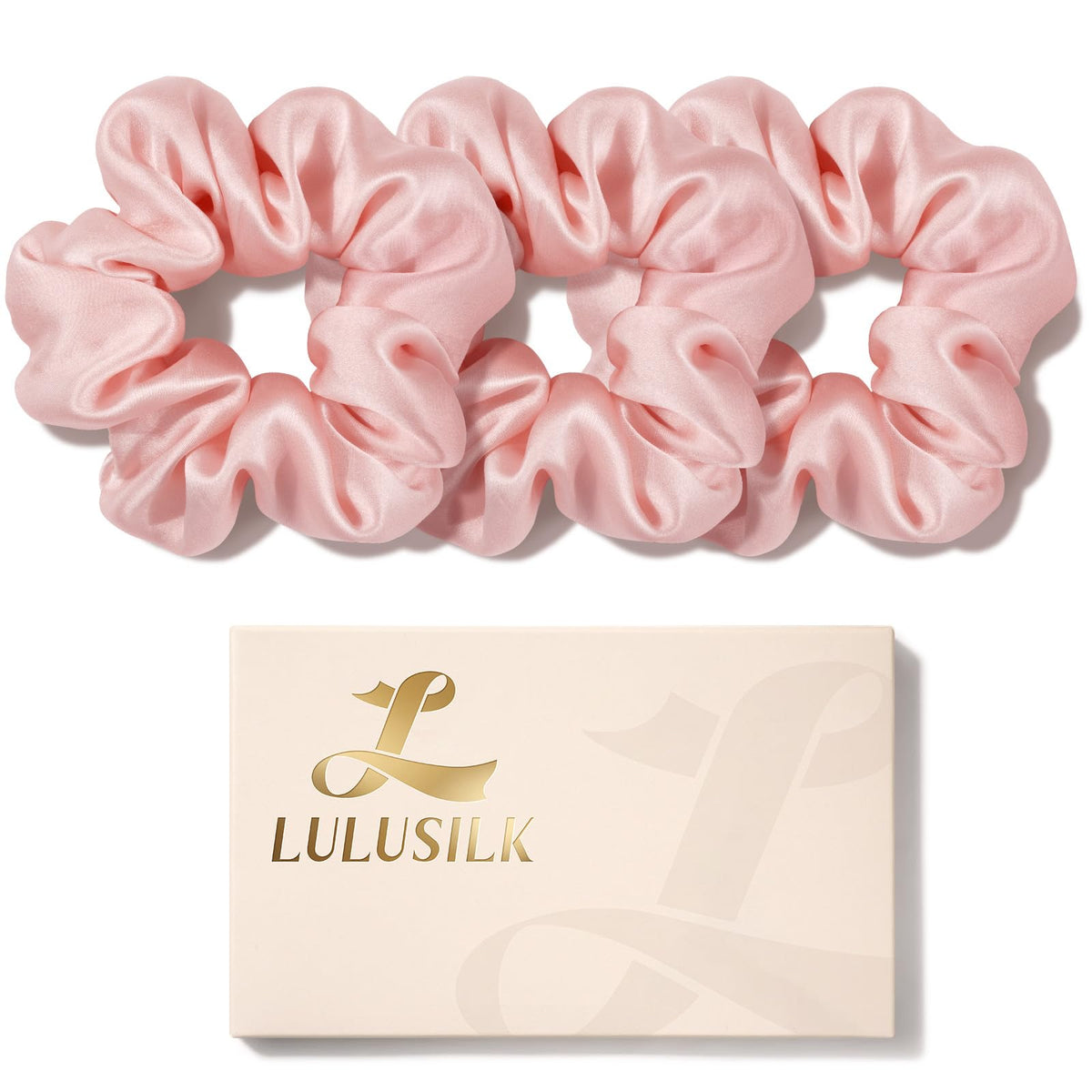 LULUSILK front view of lotus pink scrunchies showing elegant set and color
