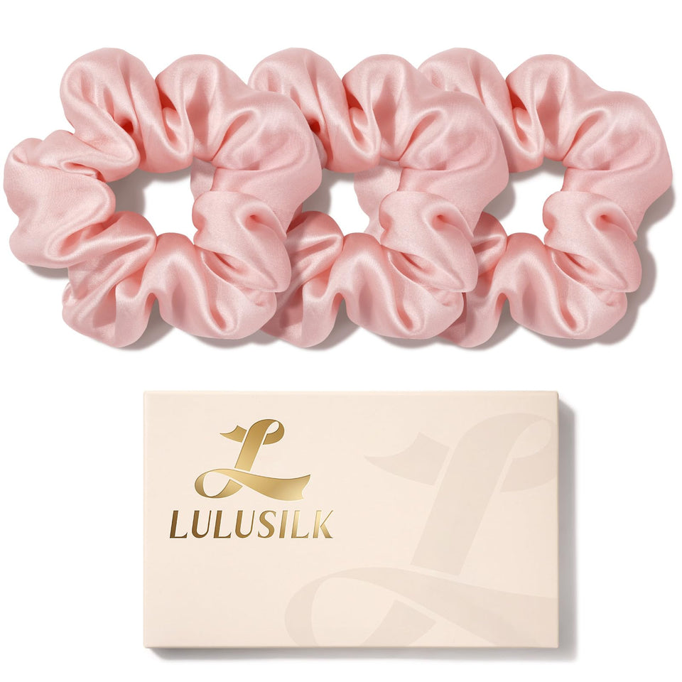 LULUSILK front view of lotus pink scrunchies showing elegant set and color