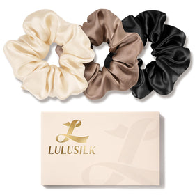 LULUSILK front packaging showing three silk scrunchies and color variety benefits