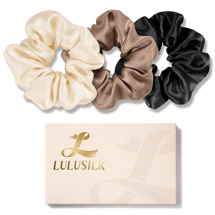 LULUSILK front packaging showing three silk scrunchies and color variety benefits