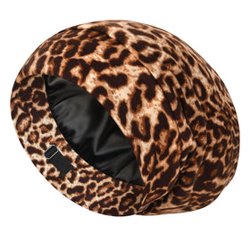 LULUSILK front view brown leopard bonnet showing stylish protection