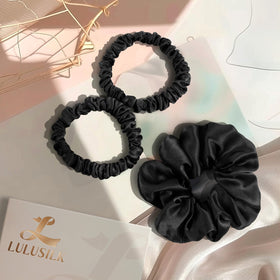 LULUSILK scrunchie on bedside table in bedroom setting signifying gentle night use