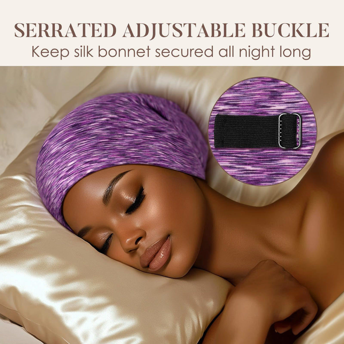 LULUSILK model wearing cap in bed reducing nighttime frizz
