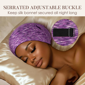 LULUSILK model wearing cap in bed reducing nighttime frizz
