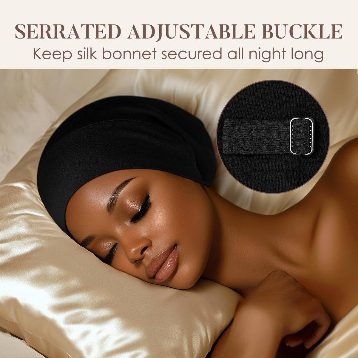 LULUSILK model sleeping wearing bonnet for overnight frizz protection
