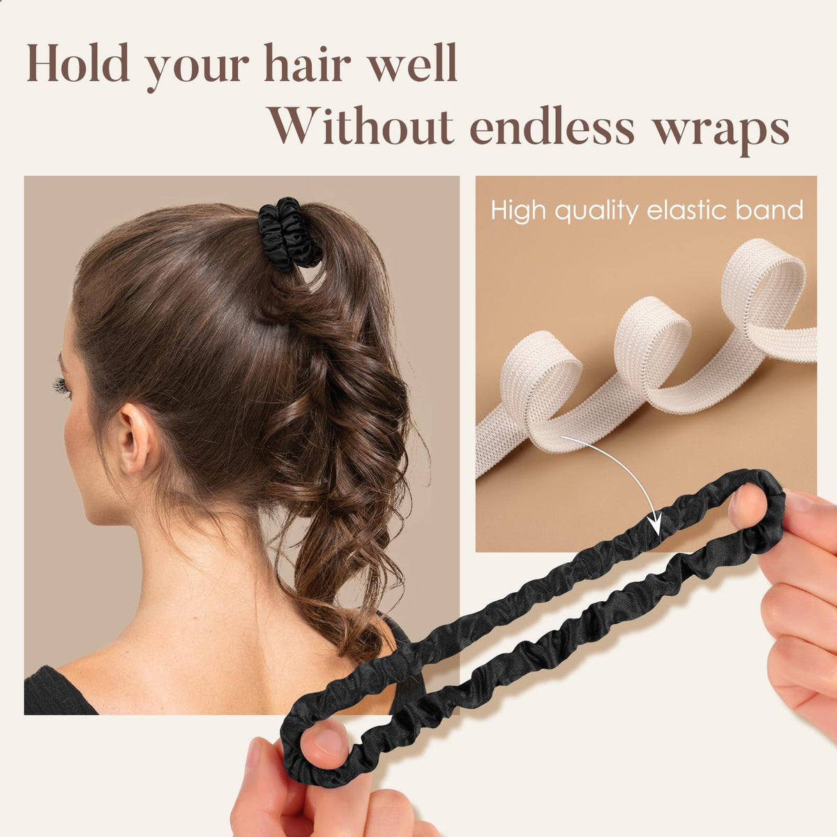 LULUSILK scrunchie holding a ponytail softly without creases or pulling