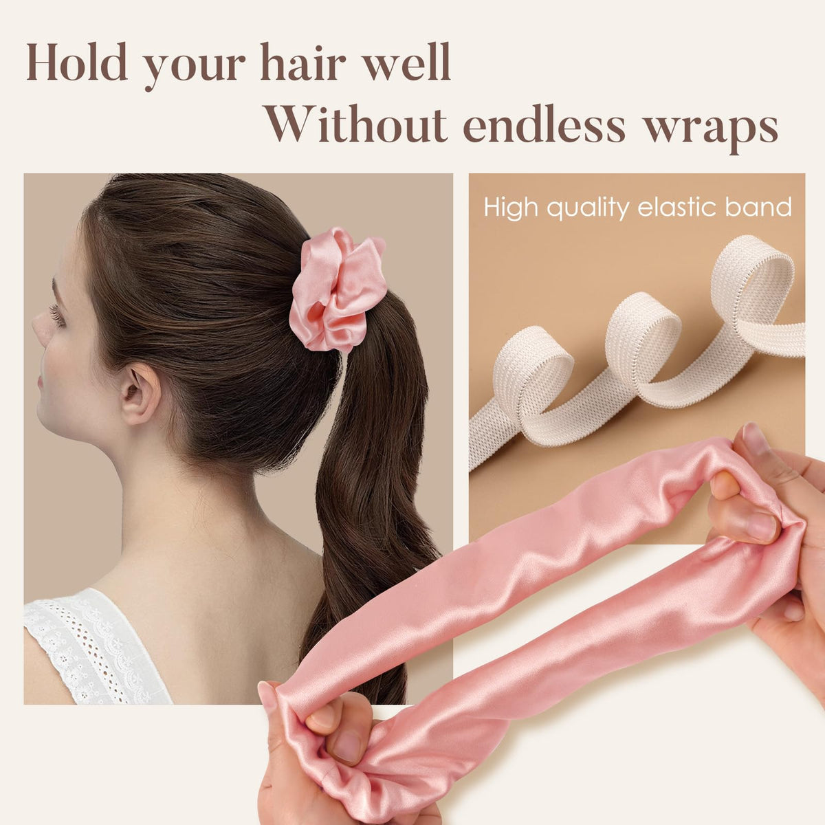 LULUSILK scrunchie worn in ponytail demonstrating gentle secure styling benefit
