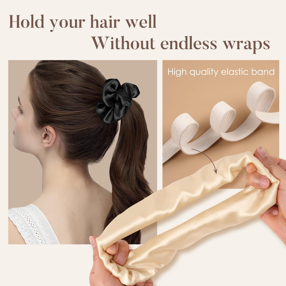 LULUSILK scrunchie securing a ponytail with firm hold and no creases