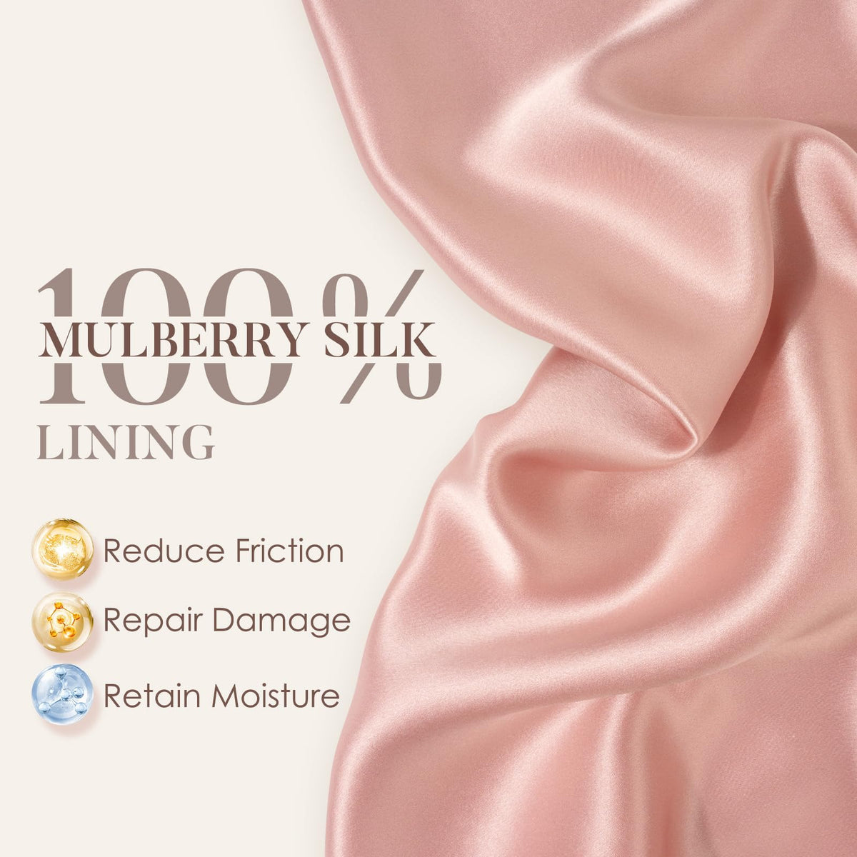 LULUSILK close-up of mulberry silk lining, smooth texture protects hair from friction