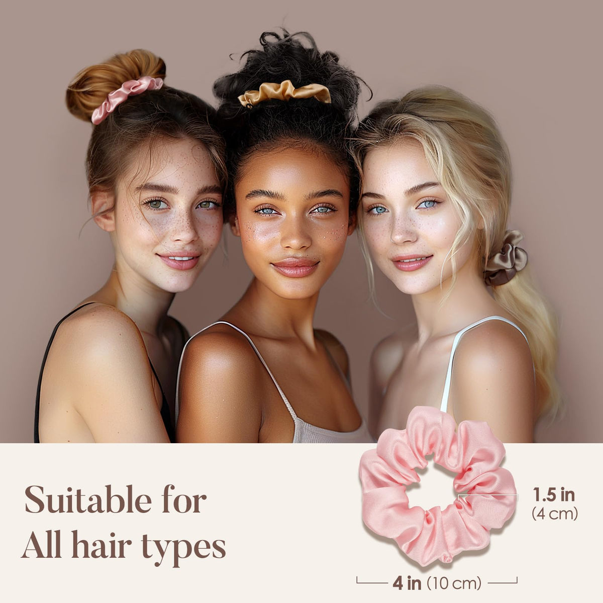 LULUSILK scrunchie beside hand to show size and easy, low-tension grip