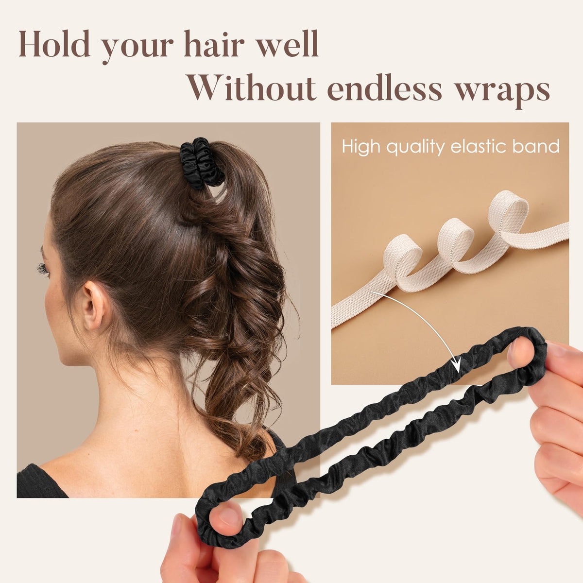 LULUSILK skinny scrunchie in ponytail showing slim profile and natural hair protection