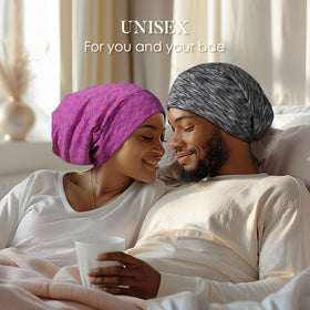 LULUSILK woman wearing bonnet in bed reducing frizz benefit