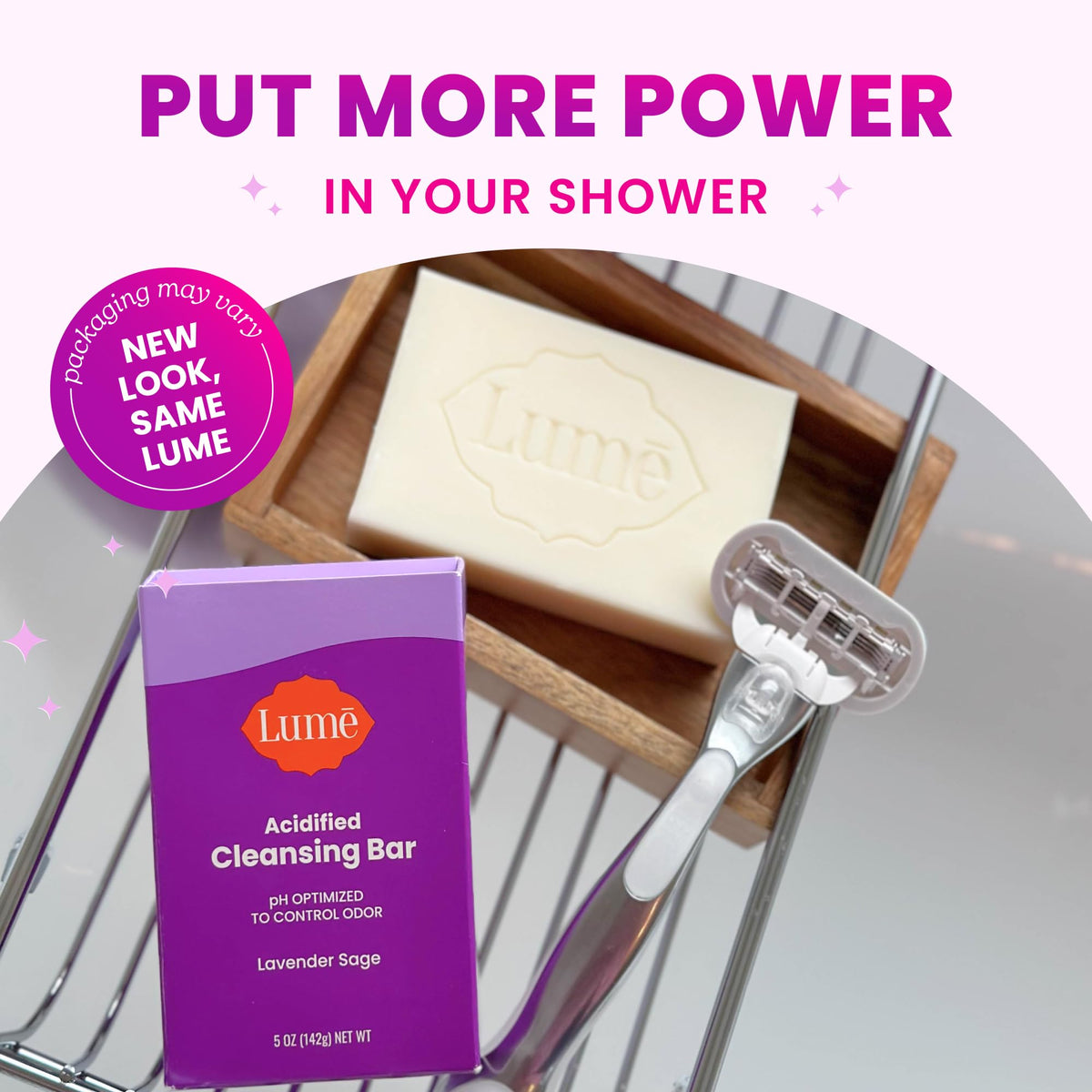 Lume bar on bathroom shelf styled with naturals showing calming scent